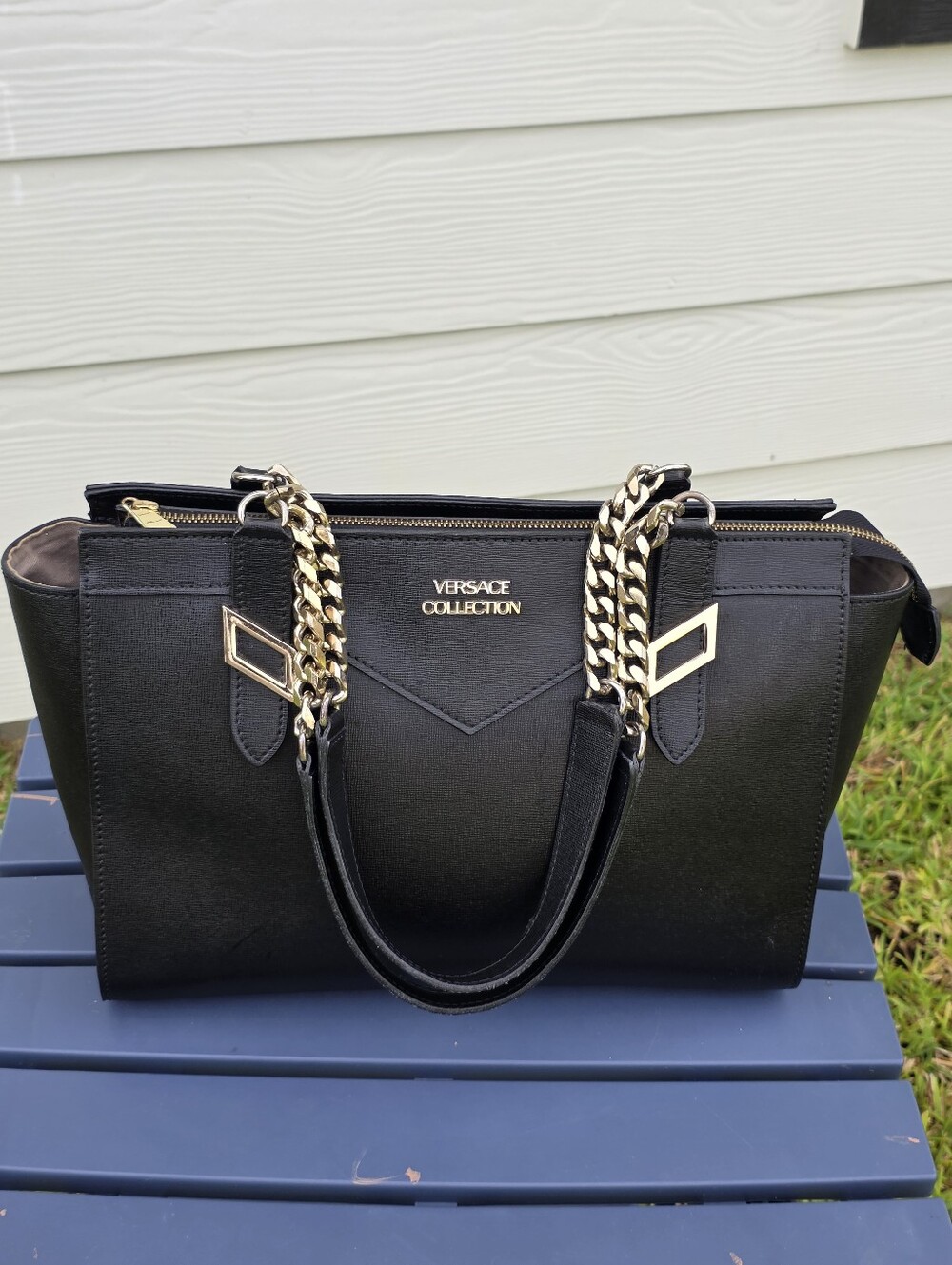 Versace Collection Black Leather Tote Shoulder Bag Chain Strap Made in Italy